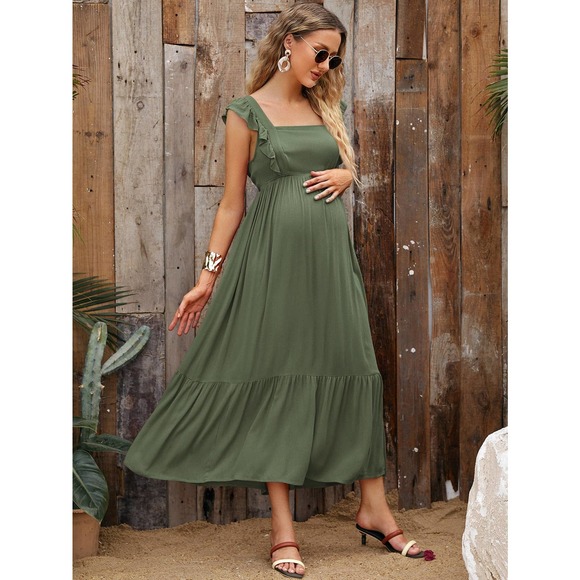 Maternity Tie Backless Ruffle Trim Dress - Picture 3 of 11